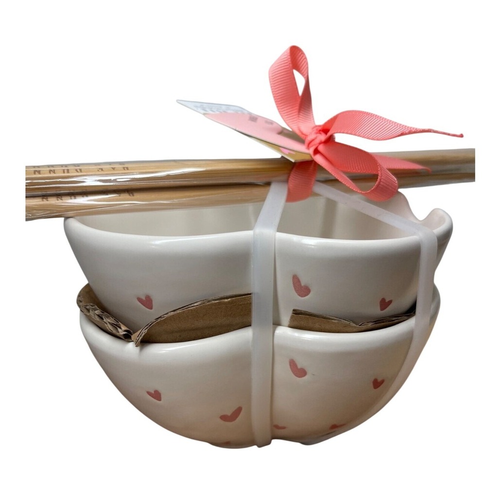 Ramen Bowls Rae Dunn Heart Shaped Ceramic Bowl Set With Bamboo Chopsticks New